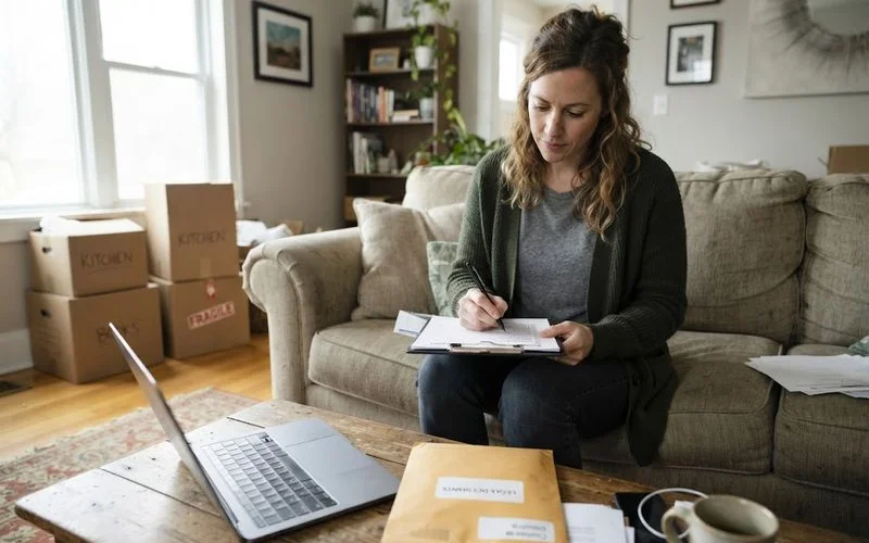 A buyer ticking items on a printed closing cost checklist beside a stack of mortgage and legal documents
