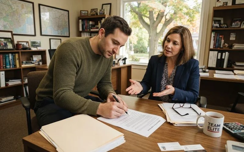 A buyer circling clauses on a printed representation agreement while an agent explains the terms