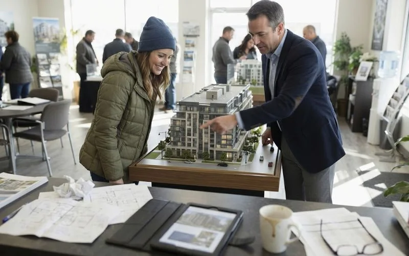 A buyer at a sales centre looking at a scale model and floor plans of an unbuilt condo tower with a sales representative
