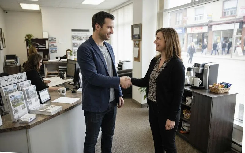 A buyer and an agent comparing printed listings and a map spread out on a table during a first meeting