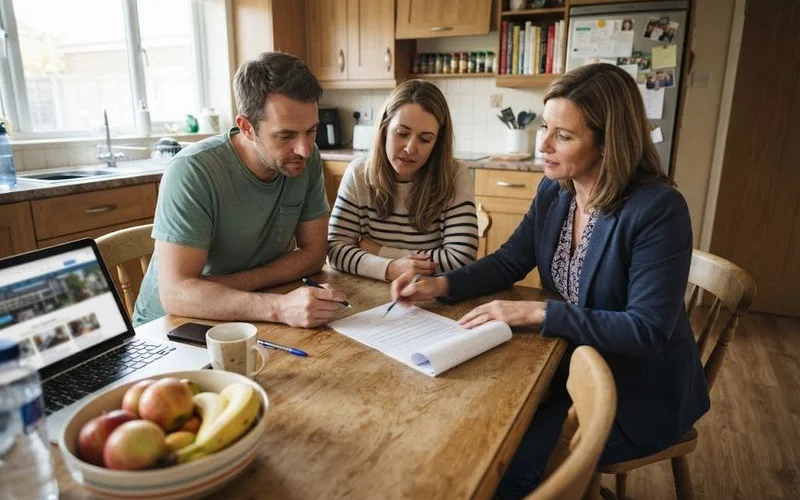 A homeowner and a real estate agent reviewing a listing agreement at a kitchen table with a laptop and printed documents