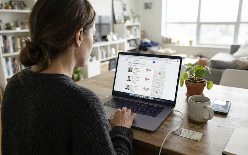 A person on a laptop searching an online registry while a printed business card sits next to the keyboard
