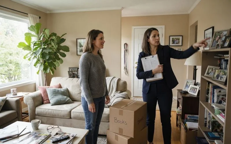 A seller and an agent walking through a living room discussing staging and photo preparation before listing