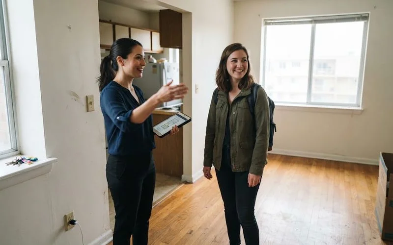 A tenant and a leasing agent standing in an empty apartment looking at a printed lease and a floor plan